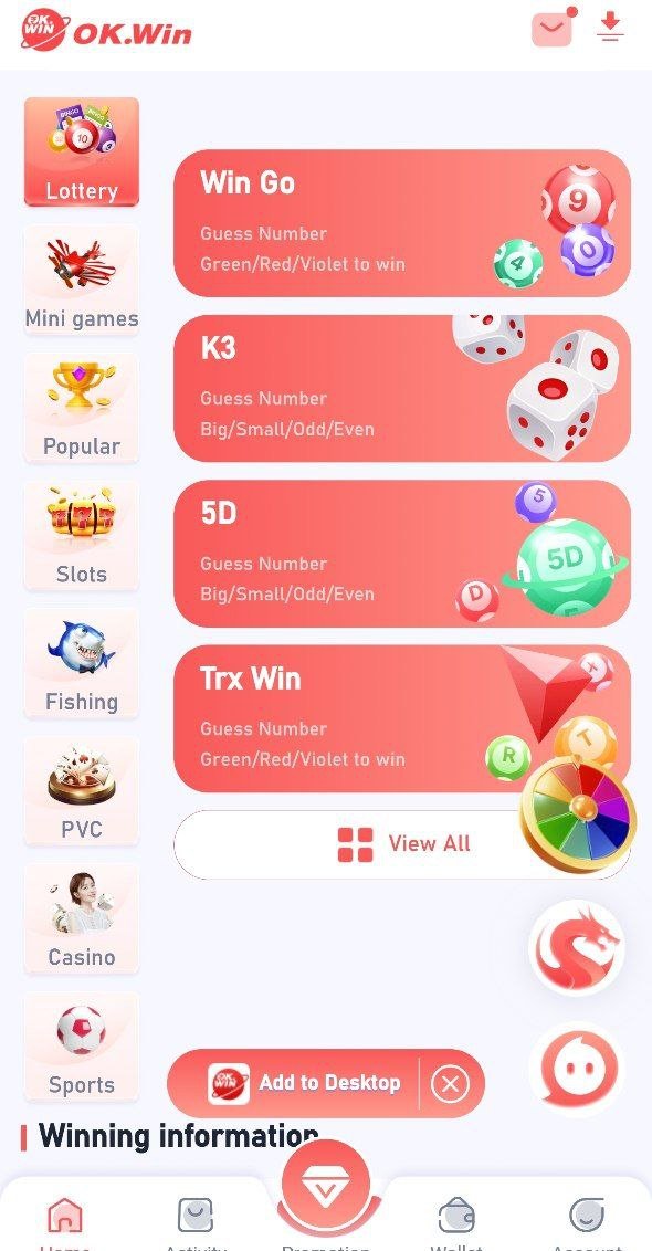 Ok Win App interface showing lottery game options