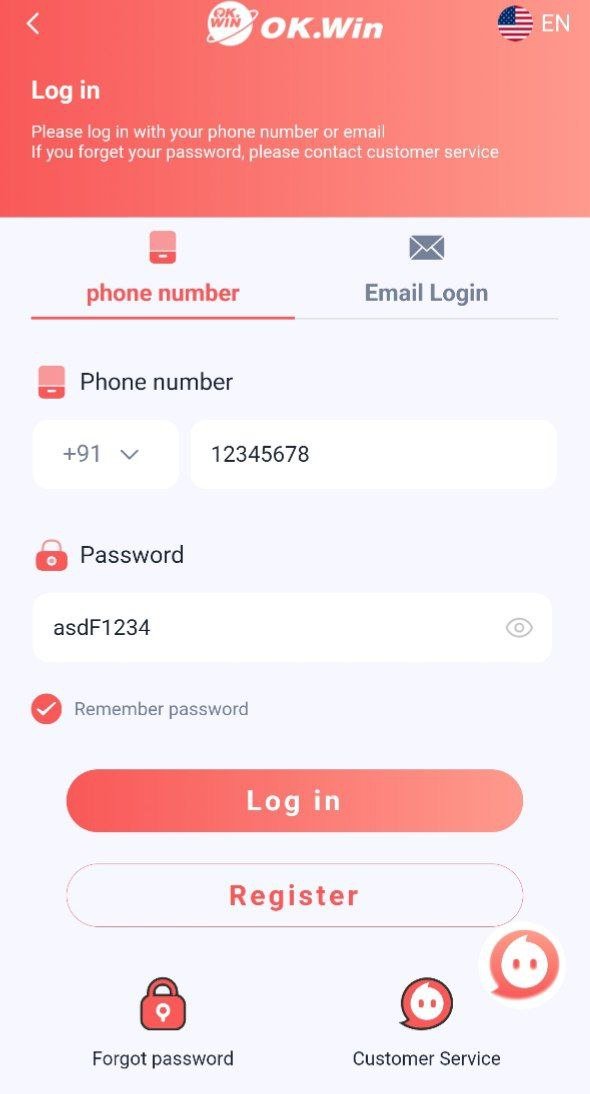 Ok Win App login screen